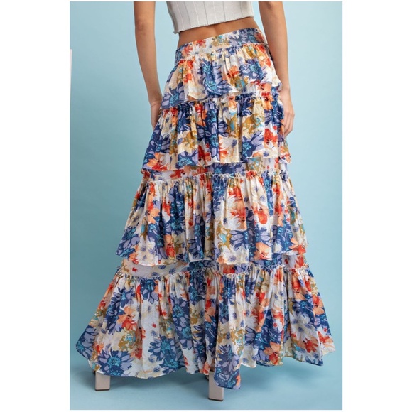 029 Boho Floral Tropical Print Smocked Waist Maxi Skirt - Picture 3 of 8
